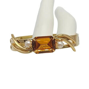 Pcraft Orange Rhinestone Faux Pearl Hinged Bangle Bracelet Gold Tone Vintage